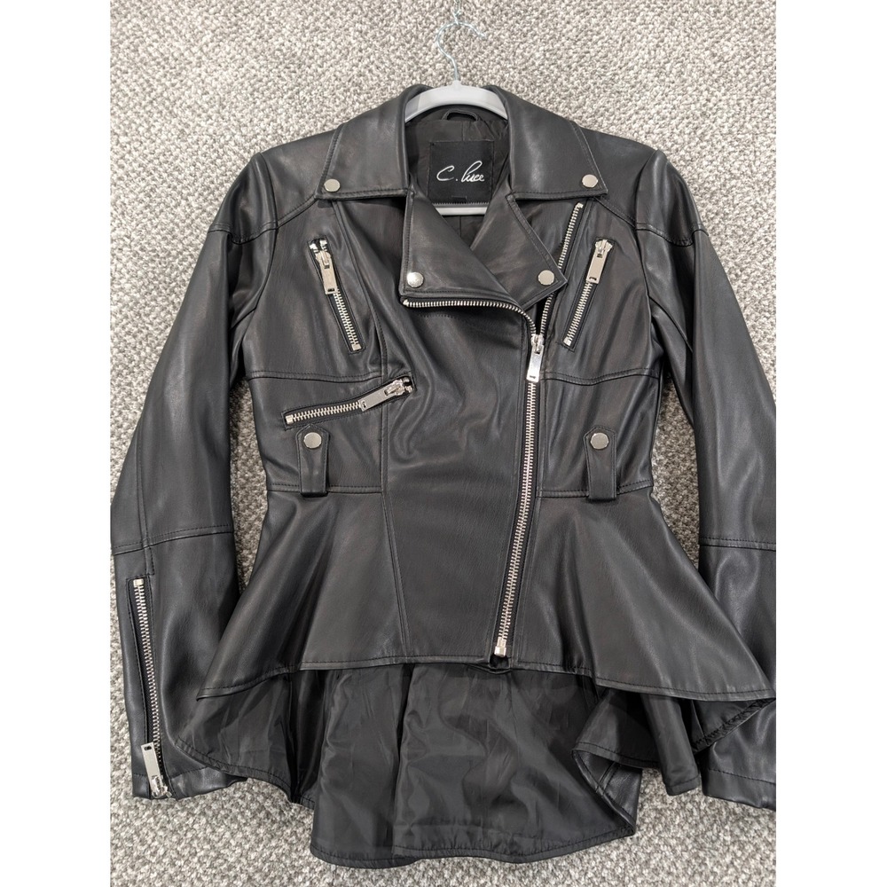 C. Luce Black Faux Leather Peplum Moto Biker Jacket Silver Zip Small Classy Soft